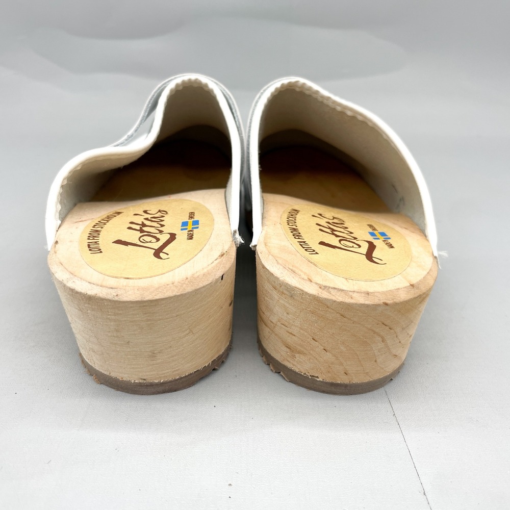 Lotta From Stockholm Womens 38 7.5 White Leather Classic Swedish Clogs Wood Heel - Picture 6 of 12